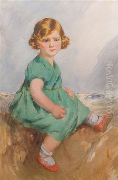 Portrait Of Doreen Eveline Webber In A Green Dress Oil Painting by James Peter Quinn