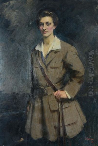 Three Quarter Length Portrait Of A Young Lady Wearing A Check Pattern Khaki Coat And With Dog Alongside Oil Painting by James Peter Quinn