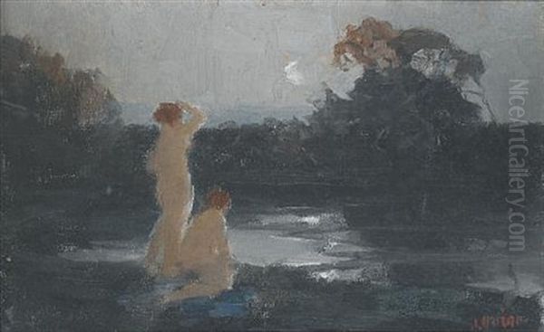 Figures By Moonlight Oil Painting by James Peter Quinn