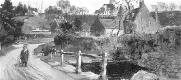 Figure On A Track Beside Oasthouses Oil Painting by James Peter Quinn