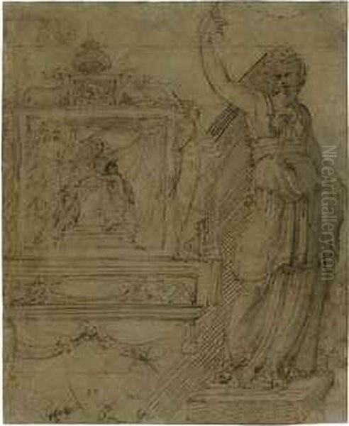 Design For The Wall Of A Chapel, With A Panel Of The Madonna And Child, A Further Study Of An Allegorical Female Figure Oil Painting by Perino Del Vaga (Pietro Bonaccors