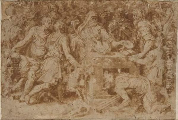 Scene De Sacrifice Oil Painting by Perino Del Vaga (Pietro Bonaccors