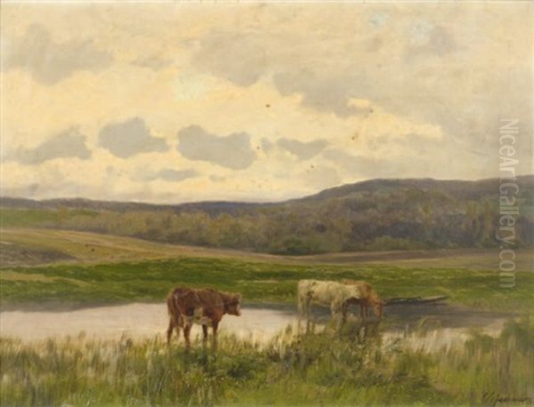 Vaches A La Mare Oil Painting by Charles Henri Quinton