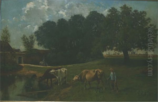 Landskap Med Boskap Vid Vattendrag Oil Painting by Clement (Charles-Henri) Quinton