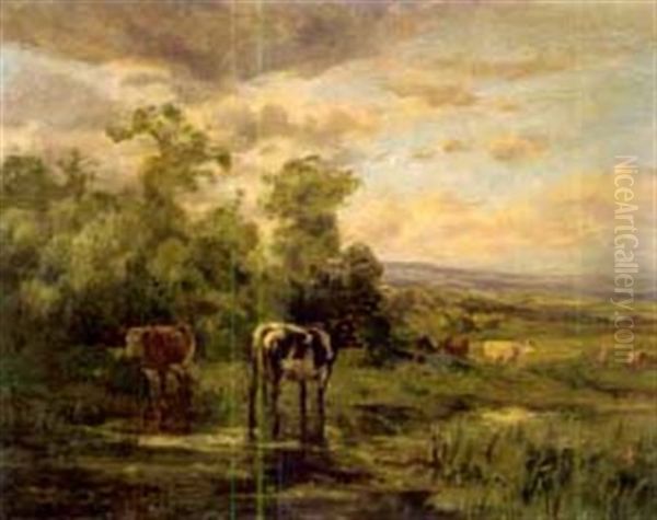 Landschaft Mit Kuhen Oil Painting by Clement (Charles-Henri) Quinton