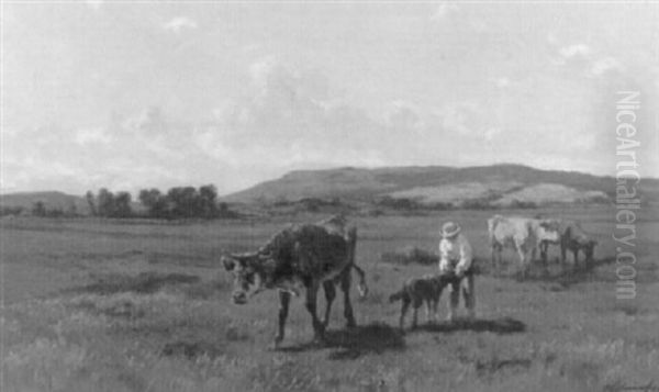 Hirtenjunge Mit Kuhen Am Teich Oil Painting by Clement (Charles-Henri) Quinton