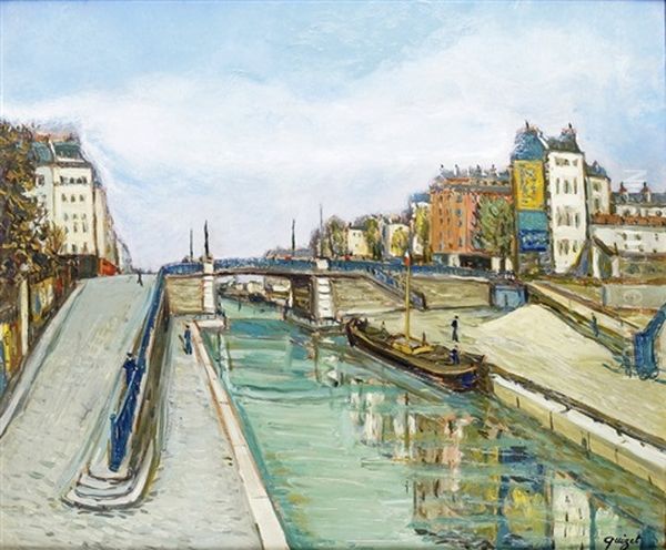 Le Pont Sur Le Canal A Pantin Oil Painting by Alphonse Leon Quizet