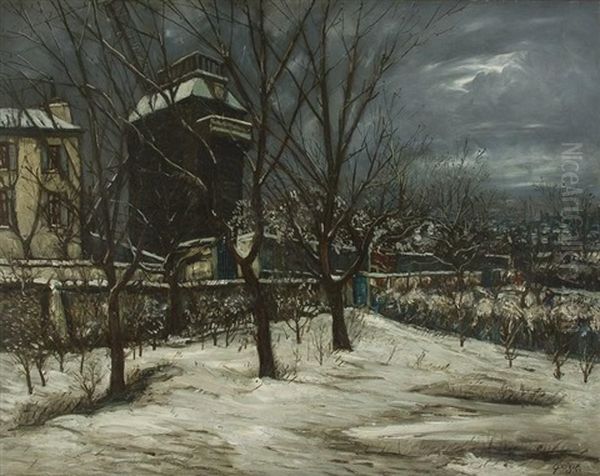 Le Maquis De Montmartre Et Le Moulin De La Galette Sous La Neige Oil Painting by Alphonse Leon Quizet