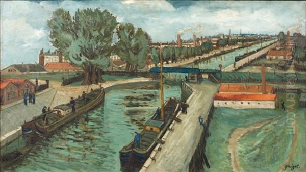 Le Canal Saint Martin Oil Painting by Alphonse Leon Quizet