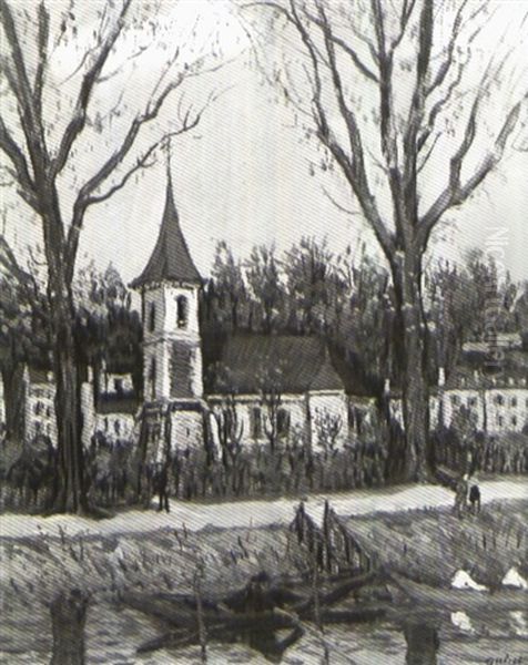 Rameurs Sur La Riviere Devant L'eglise Du Village Oil Painting by Alphonse Leon Quizet
