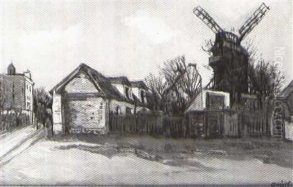 Paris, Montmartre, Le Moulin De La Galette Et La Ferme Debray Oil Painting by Alphonse Leon Quizet