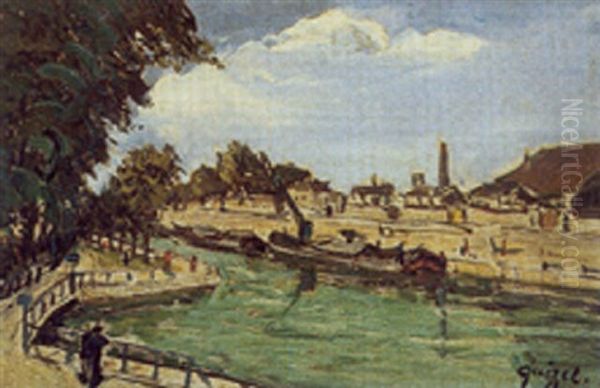 Au Bord Du Canal Oil Painting by Alphonse Leon Quizet