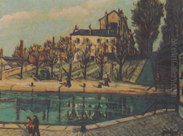 Paris: Un Canal Oil Painting by Alphonse Leon Quizet