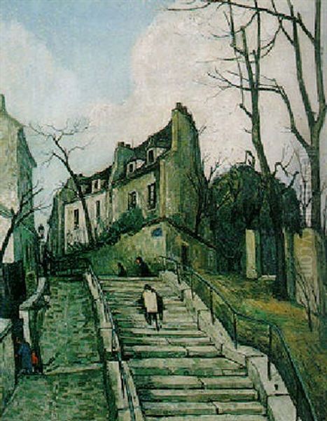 Les Escaliers A Belleville Oil Painting by Alphonse Leon Quizet