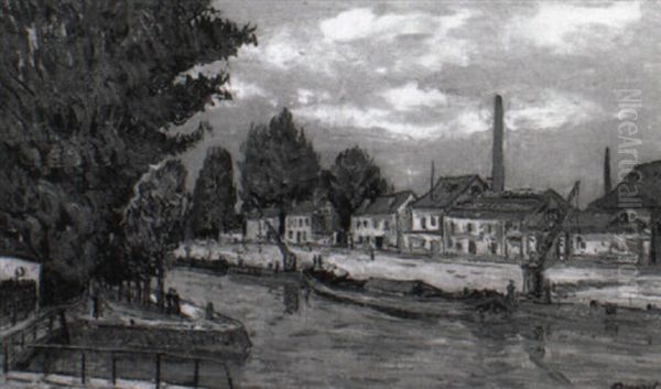 Peniche A Quai Sur Un Canal Oil Painting by Alphonse Leon Quizet