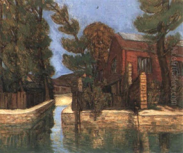 Pecheur Et Maison Au Bord Du Canal De La Villette Oil Painting by Alphonse Leon Quizet
