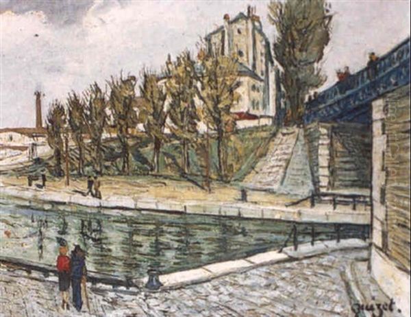 Promenade Au Bord Du Canal Oil Painting by Alphonse Leon Quizet
