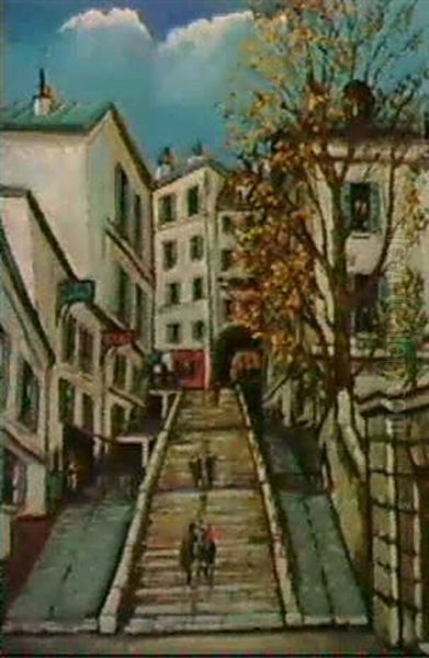 Paris, Rue Drevet A Montmartre 1924 Oil Painting by Alphonse Leon Quizet