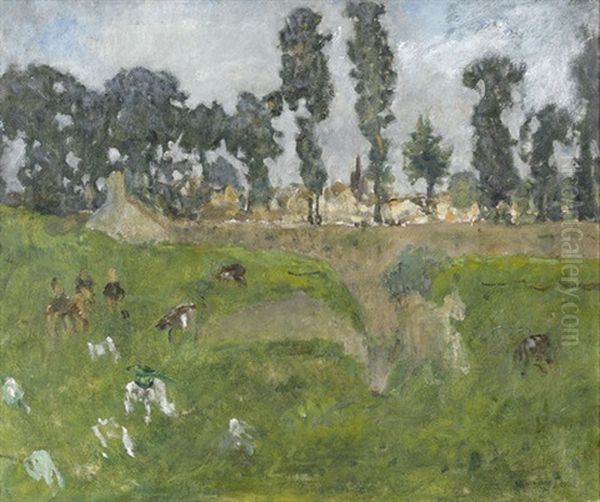 Landschaftspartie Am Stadtrand Mit Weidenden Tieren Oil Painting by Ernest Quost