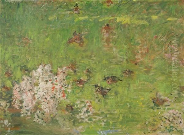 Wiesenlandschaft Mit Bluhendem Strauch Und Aufgescheuchten Wildenten Oil Painting by Ernest Quost