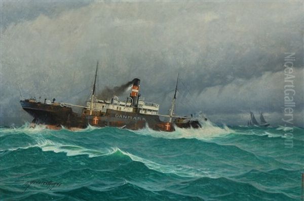 A Ship In Rough Sea Oil Painting by Victor Qvistorff