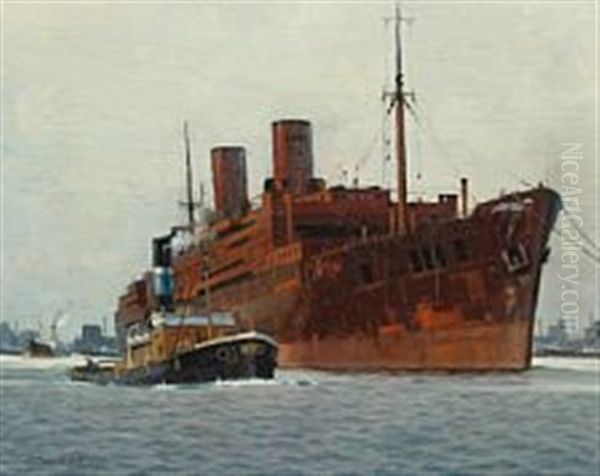 Newly Built Passenger Ship Under Tow Oil Painting by Victor Qvistorff