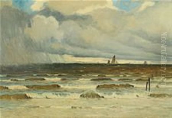 Coastal Scenery With Ships At Sea In Showers Oil Painting by Victor Qvistorff
