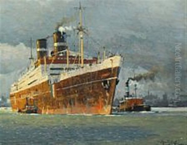 Large Passenger Steamer Under Tow Oil Painting by Victor Qvistorff