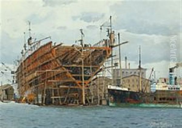 New Construction In Dry Dock At Burmeister & Wain Oil Painting by Victor Qvistorff