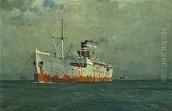 Ship At The Sound During Ww2 Oil Painting by Victor Qvistorff