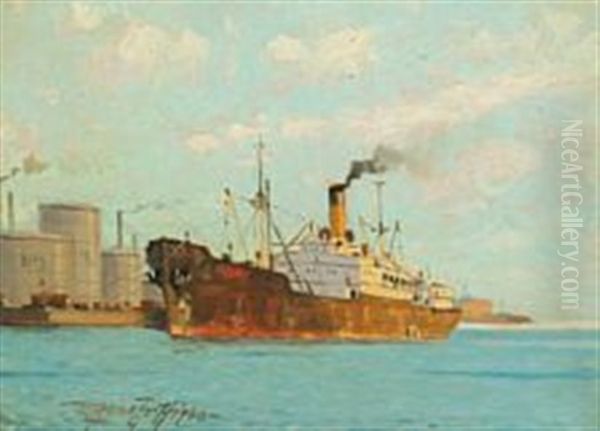 Harbourscape With Ferry Oil Painting by Victor Qvistorff