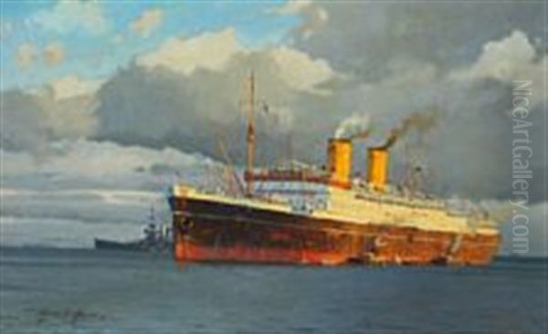 Passenger Ship At Anchor With A Warship On Its Starboard Side Oil Painting by Victor Qvistorff