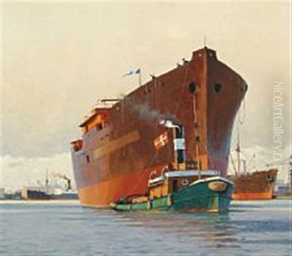 A Harbour-tug And Cargo Ship On The Way Out Of The Harbour Oil Painting by Victor Qvistorff