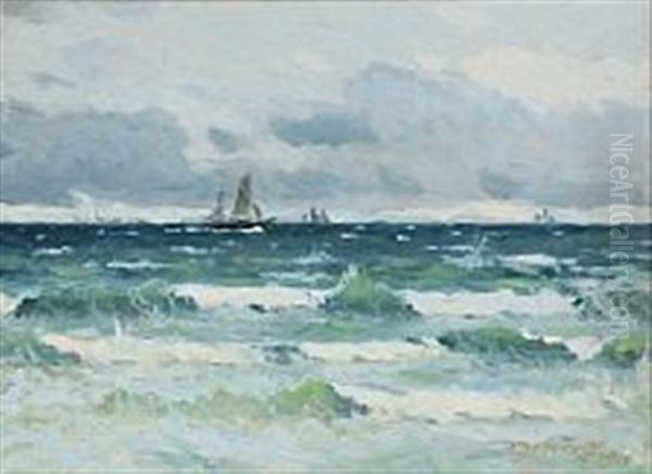 Breakers With Ships In The Horizon Oil Painting by Victor Qvistorff