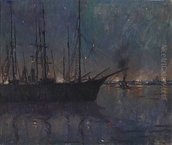 Late Evening With Ships In A Harbour Oil Painting by Victor Qvistorff