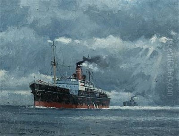 Seascape With Motor Ship In The Open Sea Oil Painting by Victor Qvistorff