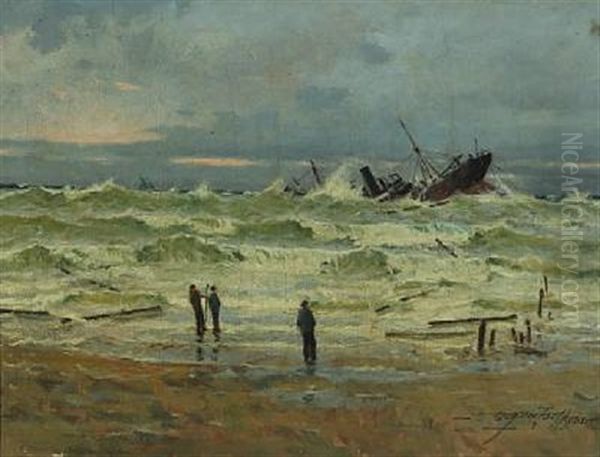A Sinking Ship On High Seas Oil Painting by Victor Qvistorff