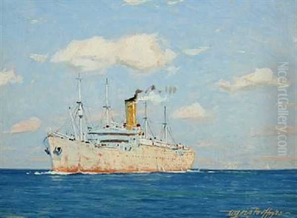 Maritime Scenery With Freighter Oil Painting by Victor Qvistorff