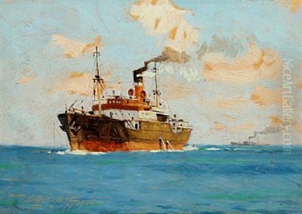 Maritime Scenery With Freighter Oil Painting by Victor Qvistorff