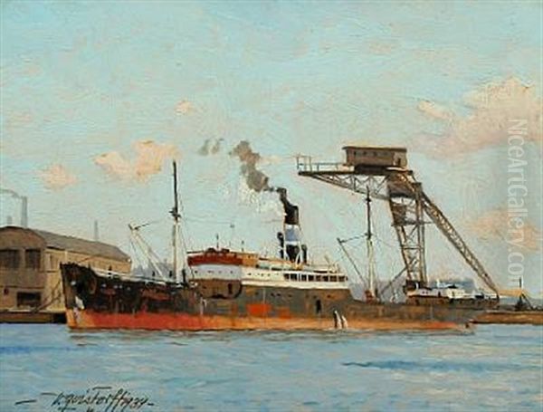 Harbour Scenery With A Freighter At The Quay Oil Painting by Victor Qvistorff