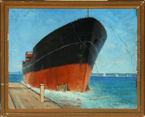 Ship At The Quay, In The Background Sailing Ships Oil Painting by Victor Qvistorff