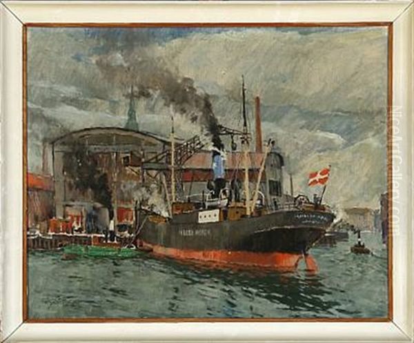 View From Copenhagen Harbour With Hilda Maersk Oil Painting by Victor Qvistorff