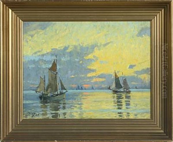 Sailing Ships At The Sea In The Sunset Glow Oil Painting by Victor Qvistorff