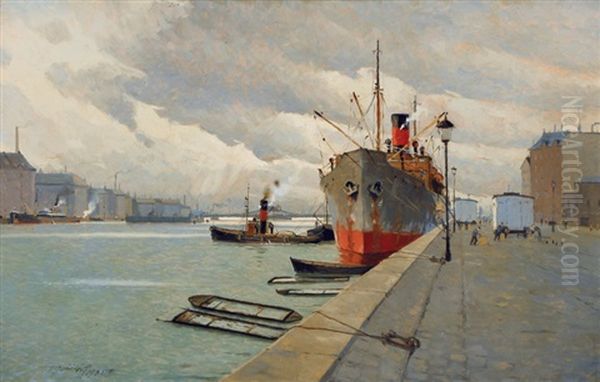 Cargo Ship From The Shipping Company Dfds In Copenhagen Harbour Oil Painting by Victor Qvistorff