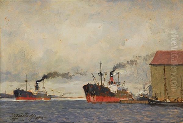 Two Freighters In A Harbour Oil Painting by Victor Qvistorff