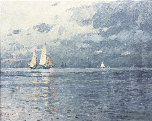 Viele Segler Auf Ruhiger See, Dunkle Wolken Am Horizont Oil Painting by Victor Qvistorff