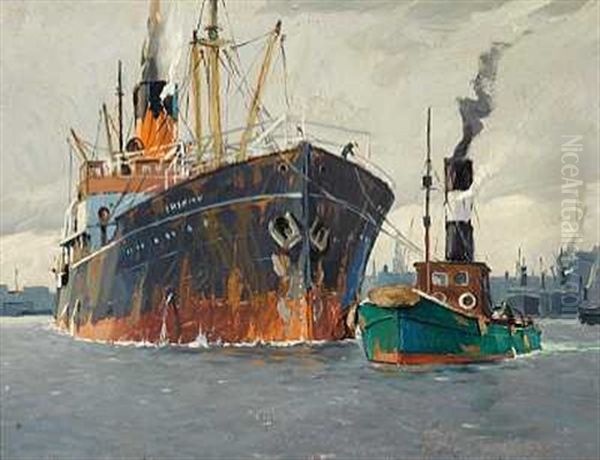 Havneparti Med Stort Dampskib Og En Bugserbad Oil Painting by Victor Qvistorff