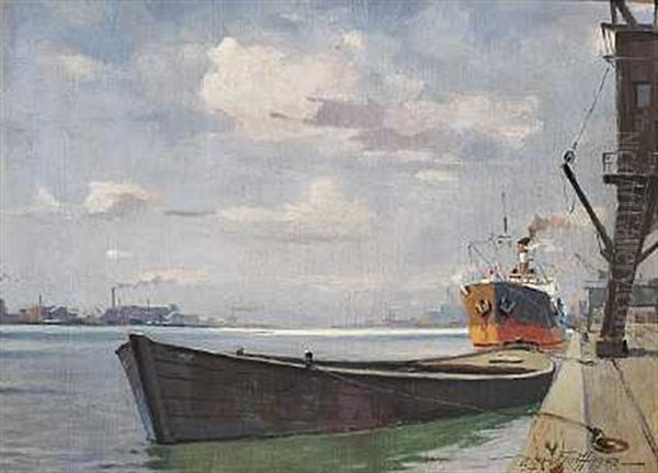 Havneparti Med Dampskib, Der Ligger Til Kaj Oil Painting by Victor Qvistorff