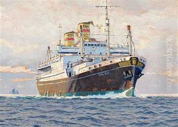 Marinemaleri Med Gdynia-amerika-liniens Passagerskib Ms "batory" (+ Smabade Set Fra Kysten, 1930; Pair) Oil Painting by Victor Qvistorff