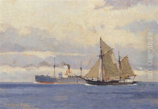 Sejlskib Og Damper Pa Havet En Stille Sommerdag Oil Painting by Victor Qvistorff